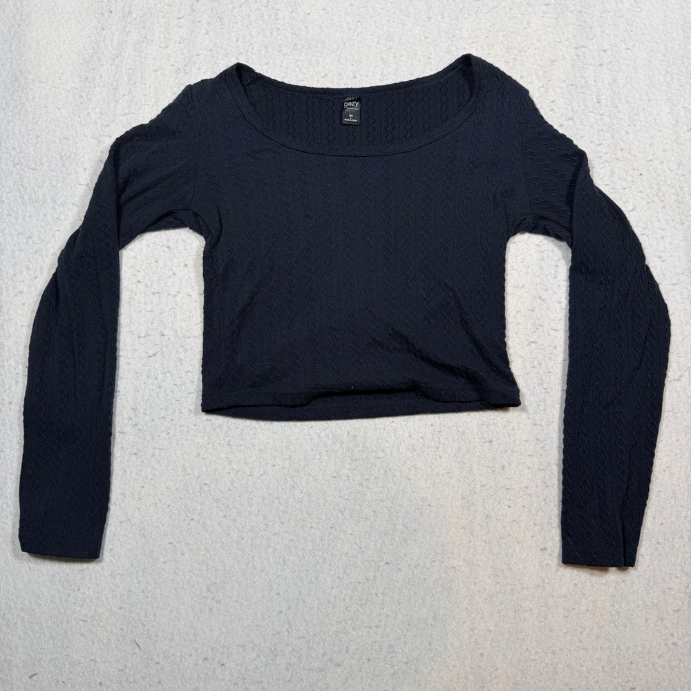 Dazy Womens Black Long Sleeve Cable Knit Texture Scoop Neck Crop Top Size Large